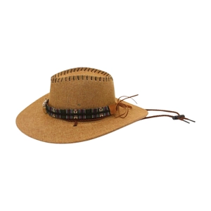Detail of woven straw cowboy hat featuring ethnic jacquard band and adjustable chin strap