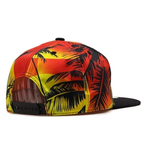 Detail view of sunset palm tree print on snapback cap with adjustable black strap