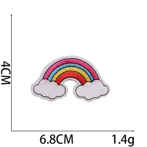 Rainbow embroidery patch with white clouds, size 6.8cm x 4cm, weight 1.4g, colorful design