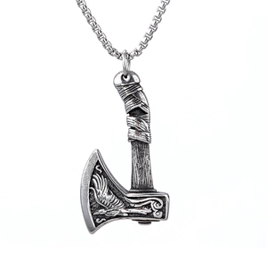 Vintage Viking double-sided axe pendant with bird relief on stainless steel chain