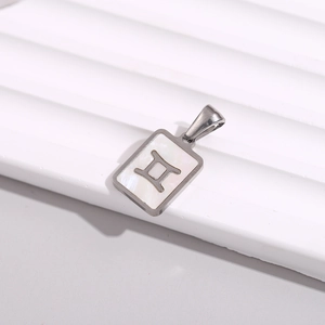 Detailed macro of a rectangular stainless steel Gemini pendant with white mother-of-pearl