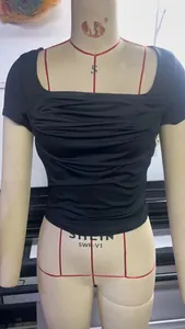 Detail of black slim fit T-shirt with square neck and ruched chest design