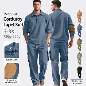 Men Casual Corduroy Long Sleeve Polo Shirt And Cargo Pants Outfit With Elbow Patches Drawstring Pockets Solid Color