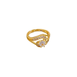 Luxurious gold-plated double-layer wavy ring featuring a round zircon and micro-pave diamonds