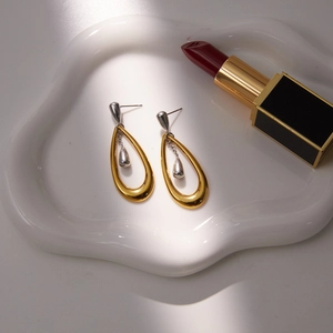 Two-tone water drop stainless steel earrings in gold and silver finish for women
