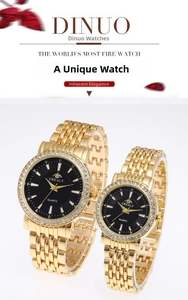 Détails de montres quartz pour couple dorées avec cadran noir et lunette sertie