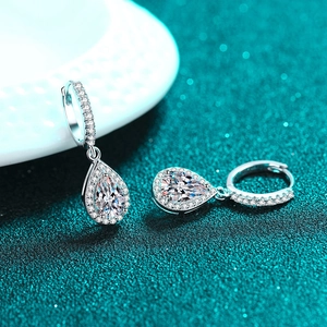 S925 sterling silver drop earrings featuring pear-cut moissanite stones and halo diamonds