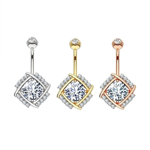 Copper Inlaid Zirconia Belly Button Ring Square Geometric Pendant Body Piercing Jewelry For Women Gold Steel Rose Gold