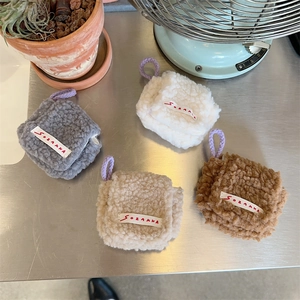 Plush lamb wool mini cases for AirPods in four colors with purple woven hooks