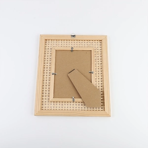 Minimalist rectangular solid wood photo frame with woven rattan insert and back stand