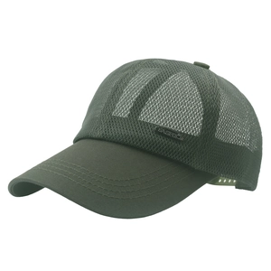 Detail of army green mesh baseball cap featuring breathable fabric and fashion metal plaque