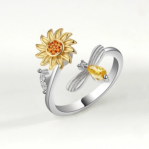 Adjustable silver and gold sunflower ring with dragonfly and sparkling zircon stones
