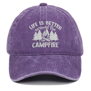 Detail of Life is Better embroidery on purple washed cotton adjustable baseball cap