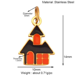 Detailed specs of stainless steel gold house charm with red and black enamel