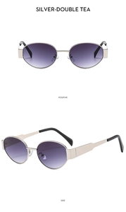 Front and side views of silver oval metal sunglasses with purple gradient lenses