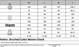 Detailed size chart for plaid midi dress showing measurements in CM for XS to L sizes