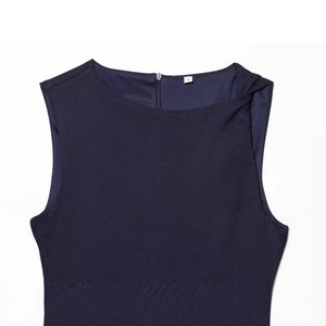 Women's chic dark blue sleeveless dress featuring stylish metal rivet detailing and round neck