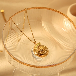 Golden nautilus shell pendant necklace with bead chain on a glass for a vintage look