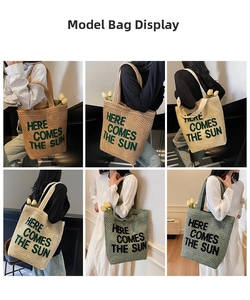 Collage of fashion woven tote bags with slogans shown on models in various colors