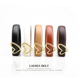 Detailed display of five colors of women's leather belts with golden heart buckles