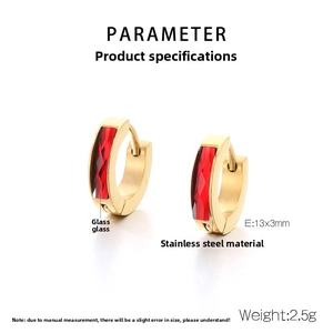 Detailed size view of gold stainless steel hoop earrings with red rectangular zircon stone