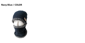 Detail of navy blue knitted hat set with thick faux fur lining and striped texture