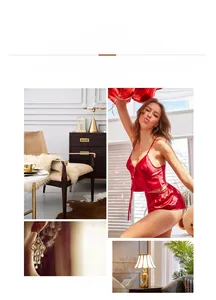 Detail of red satin pajamas set featuring a V-neck camisole top and matching loose shorts