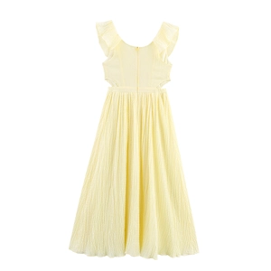 Pale yellow ruffled maxi dress with textured fabric and cut-out back design view