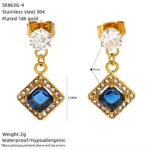 Detail of 18k gold plated stainless steel square zircon earrings with dimensions and specs