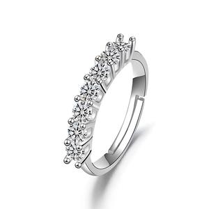 Detail of adjustable silver ring with seven brilliant-cut round cubic zirconia stones