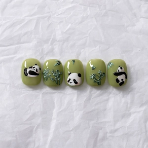3D cartoon panda and bamboo press-on nails in light green with handcrafted 5-piece set