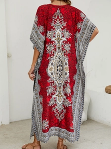 Detailed back view of Bohemian red printed beach maxi dress showing smooth fabric texture