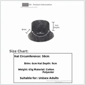 Size chart showing 58cm circumference and cotton-polyester material details for the bucket hat