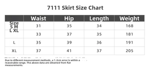 Detailed size chart for yoga skirt suit including waist, hip, and length measurements in cm