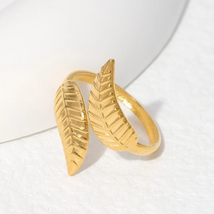Adjustable golden stainless steel ring featuring minimalist double leaf design with veins