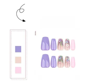 Detail view of 3D floral press-on nails featuring purple, nude and pink matte ballet shapes