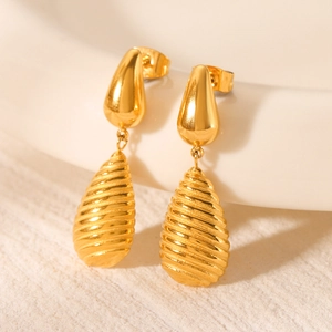 Polished 18k gold plated stainless steel teardrop earrings with textured spiral design