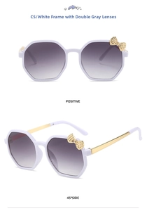 Detailed front and side views of white polygon sunglasses with golden metal bow accents