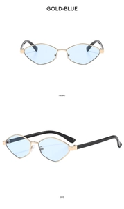 Front and side view of gold frame polygonal sunglasses with blue lenses in high detail
