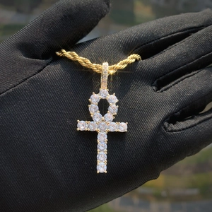 Hip hop golden Ankh cross pendant necklace with zircon stones on a twist chain
