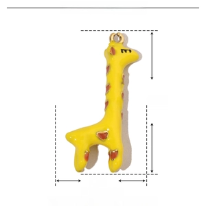 Macro view of yellow enamel giraffe pendant showing height 22mm and width 9mm dimensions