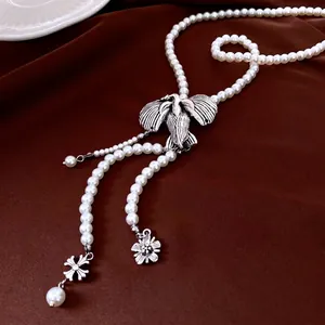Vintage Faux Artificial Pearl Beaded Necklace Antique Silver Bird Pendant Flower Cross Charms Long Sweater Chain Jewelry For Women