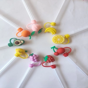Detail of 9 colorful fruit silicone straw toppers set for dust protection and decoration
