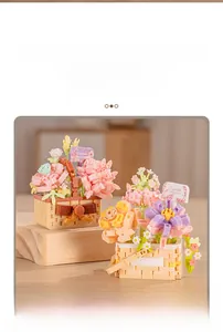 Macro view of DIY miniature flower basket building blocks including rose and hyacinth