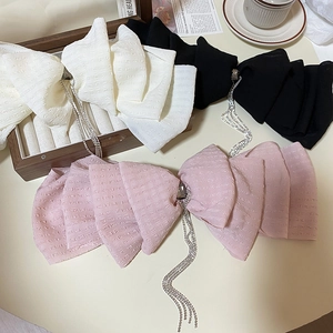 Elegant lace bow hair clips with rhinestone tassels in pink, black, and white colors