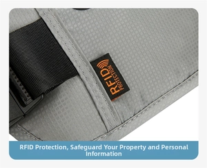 Macro detail of RFID protection label on grey ripstop nylon sports running waist bag