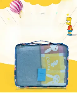 Close-up of blue floral travel organizer bag with mesh window and convenient top handle