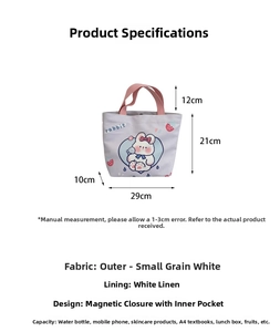 Detail view of purple cartoon rabbit handbag with 29x21x10cm size specifications