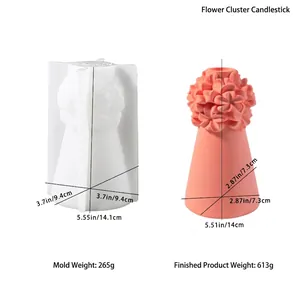 Flower candle holder silicone mold and pink resin casting with size specifications