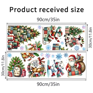 Detailed size chart for Christmas wall stickers with Santa, reindeer and tree patterns